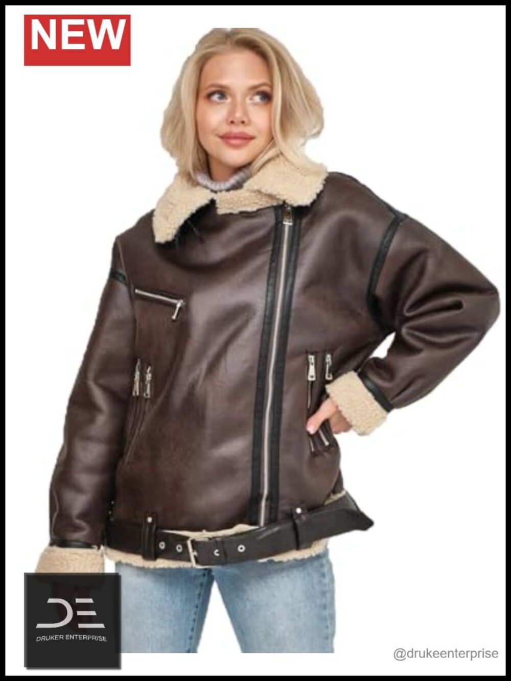 Faux Leather Aviator Bomber Jacket Sherpa Lined Winter Coat Women